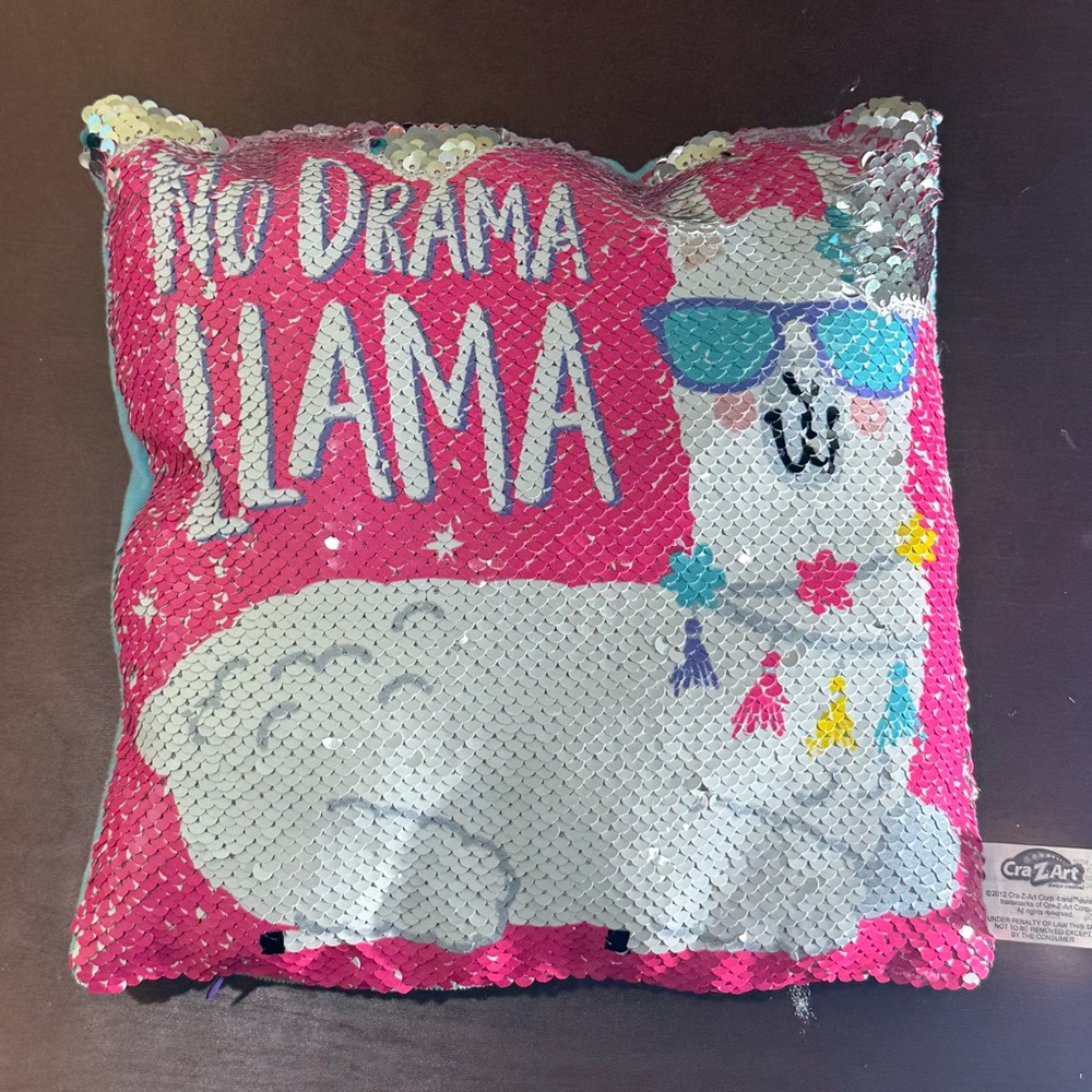 No Drama Llama Sequin Flip Pillow – Pink & Silver – 8.5” × 8.5” – Like New